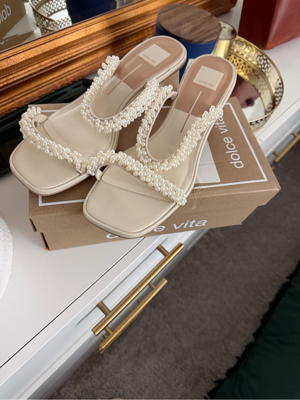 Dolce Vita Pearl-Trim Cream Slide Heels